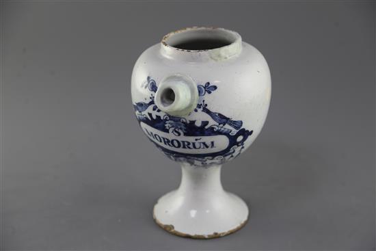 An English delftware blue and white wet drug jar, c.1690-1700, height 21.5cm, restorations